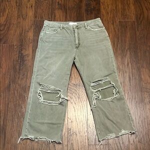 Green Flare Wide Leg Jeans with Distressed Hem